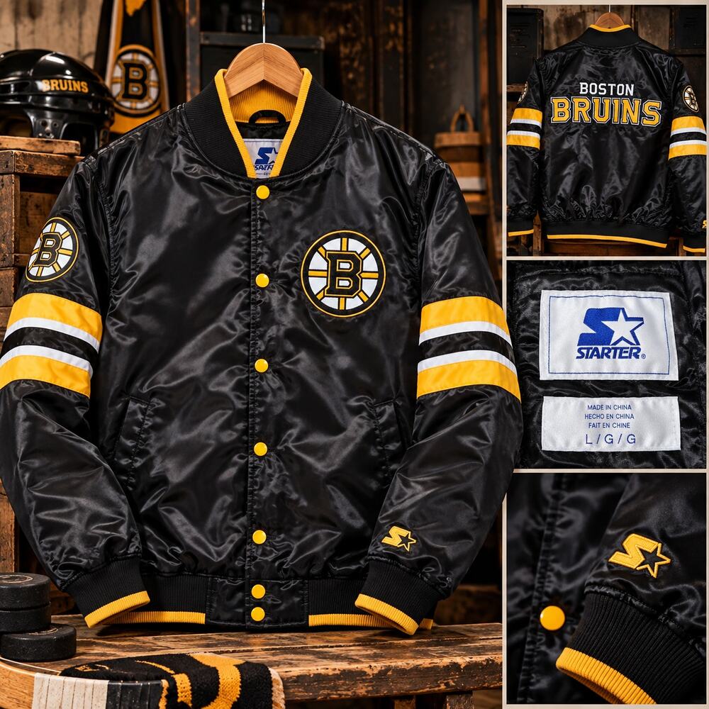 Boston Bruins Starter Scout I Full Snap Varsity Jacket Mens Large Black NHL
